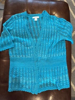Christopher & Banks Open-Weave Short Sleeve Cardigan - Turquoise Blue